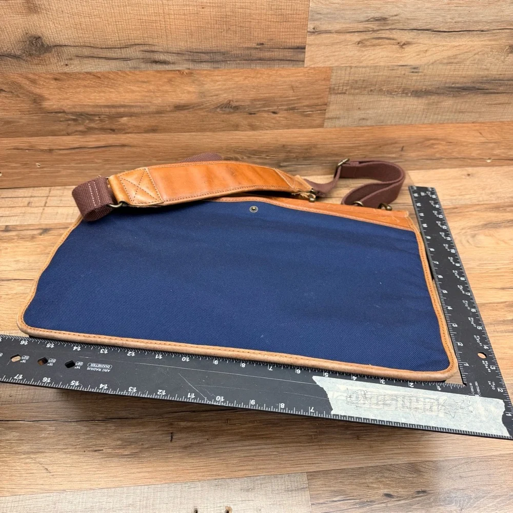 L.L. Bean Canvas Blue Travel Briefcase Shoulder Leather Dowel Rod Bag